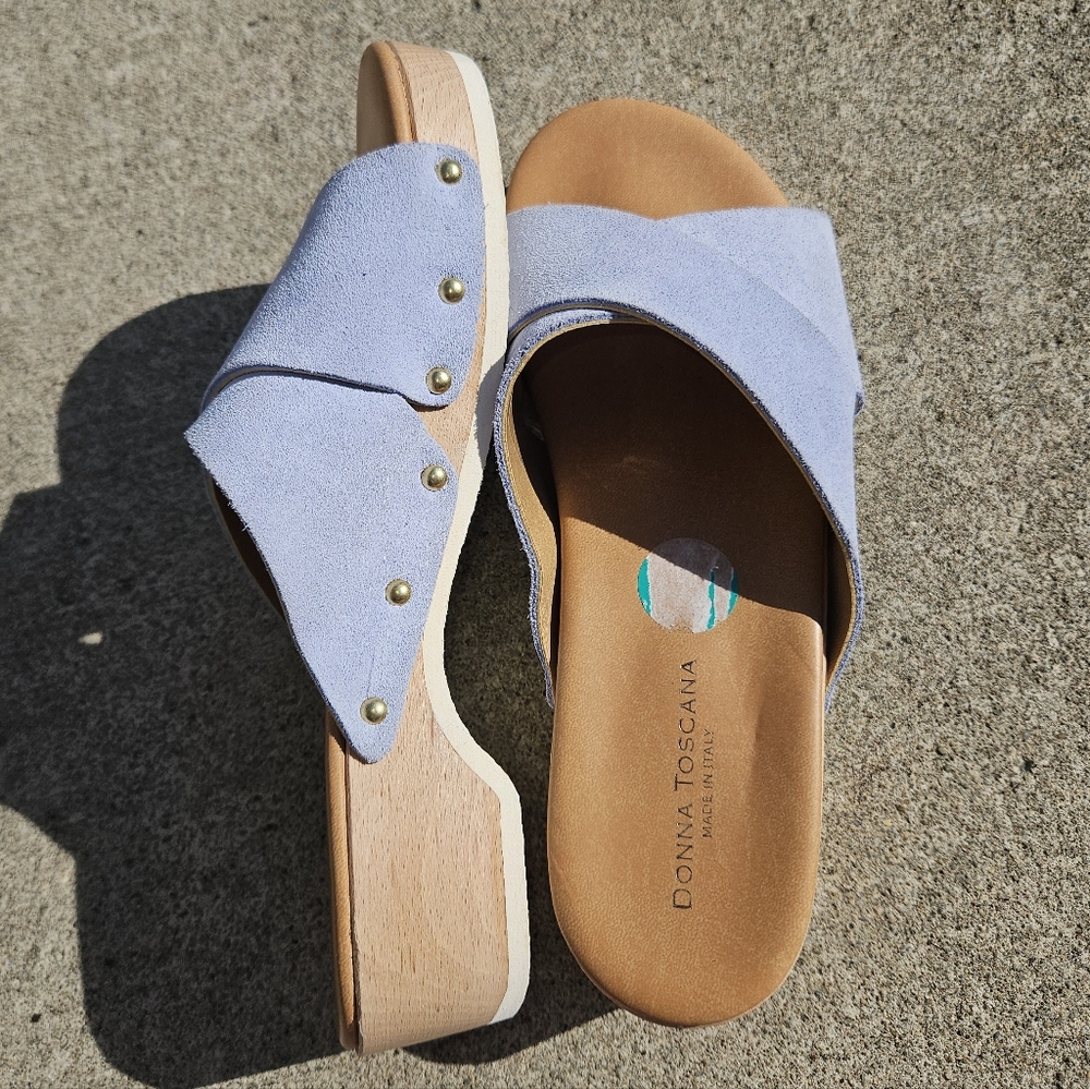 Donna Toscana Blue Clog Platform Slide Sandals Neutral Coastal Studded 8